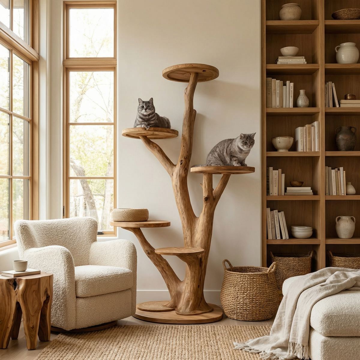 Tree-Shaped Wood Cat Climbing Tower with Branch Perches, 59-80 in
