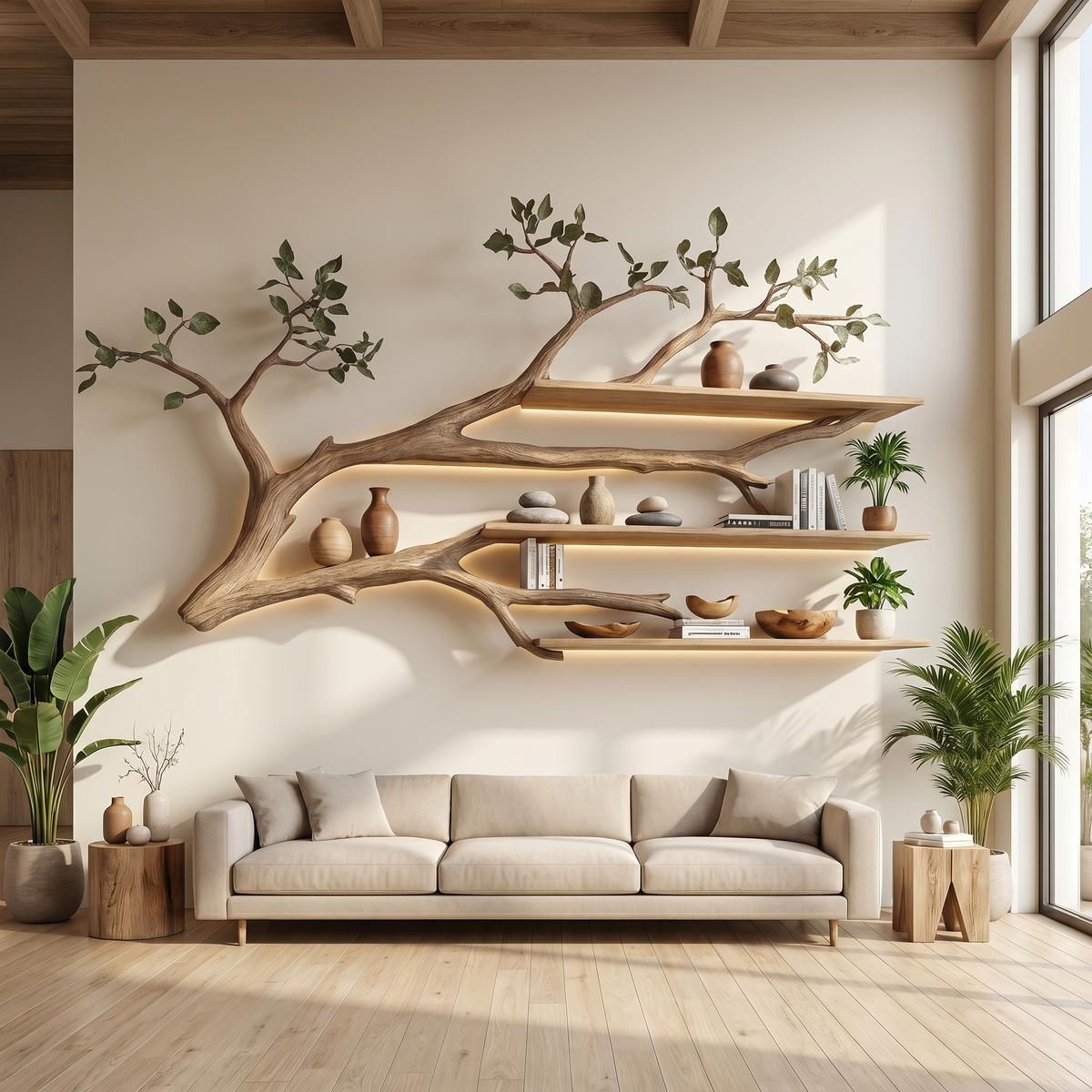 Rustic Tree Branch Floating Shelf Living Room
