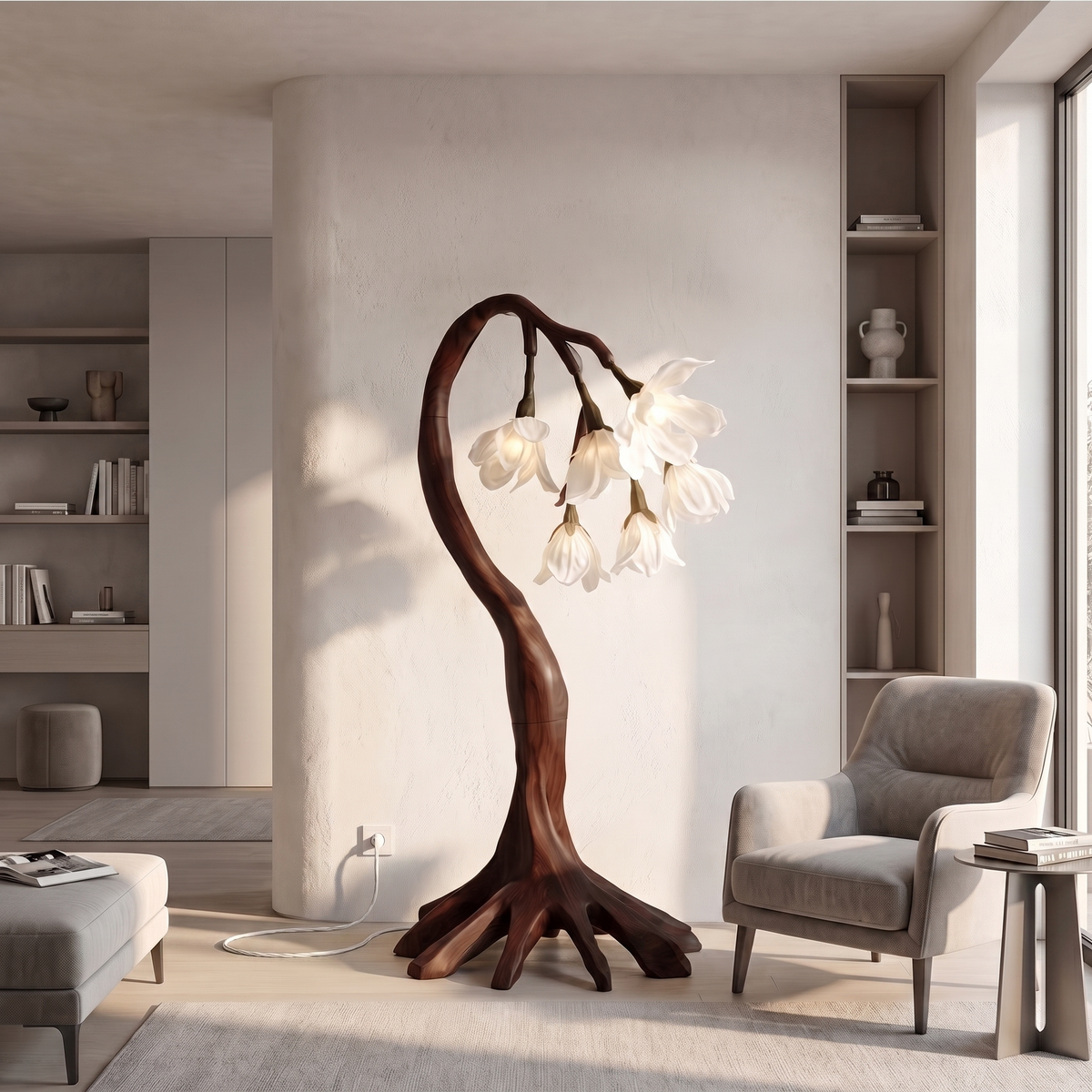 Petal Shade Floor Lamp on Curved Wood Branch Stand, 51 or 61 in