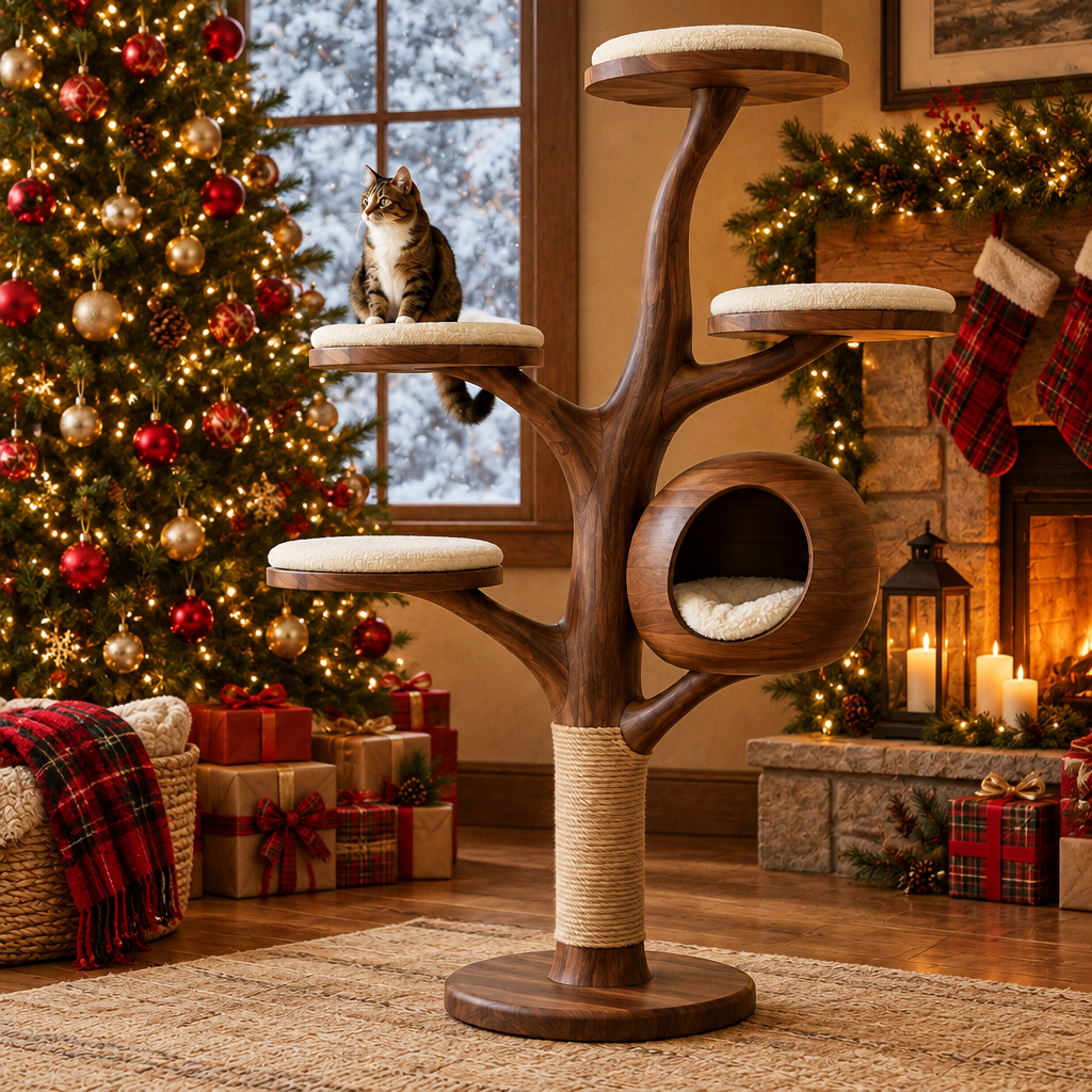 Rowan Tree Cat Tower in a Christmas living room