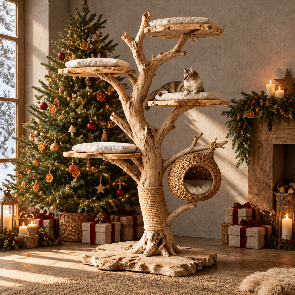Tidewood Driftwood Cat Tree in a Christmas living room