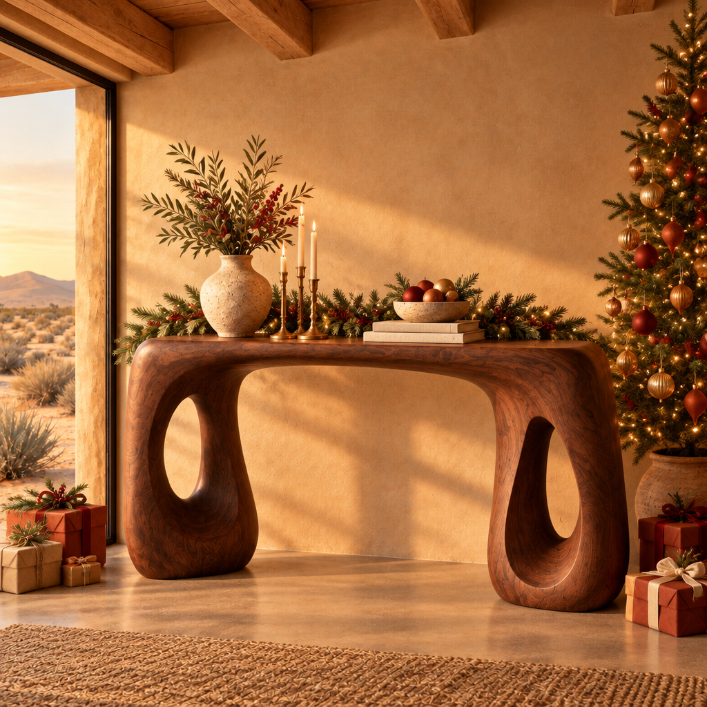 Mojave Sculpted Console Table in a Christmas living room