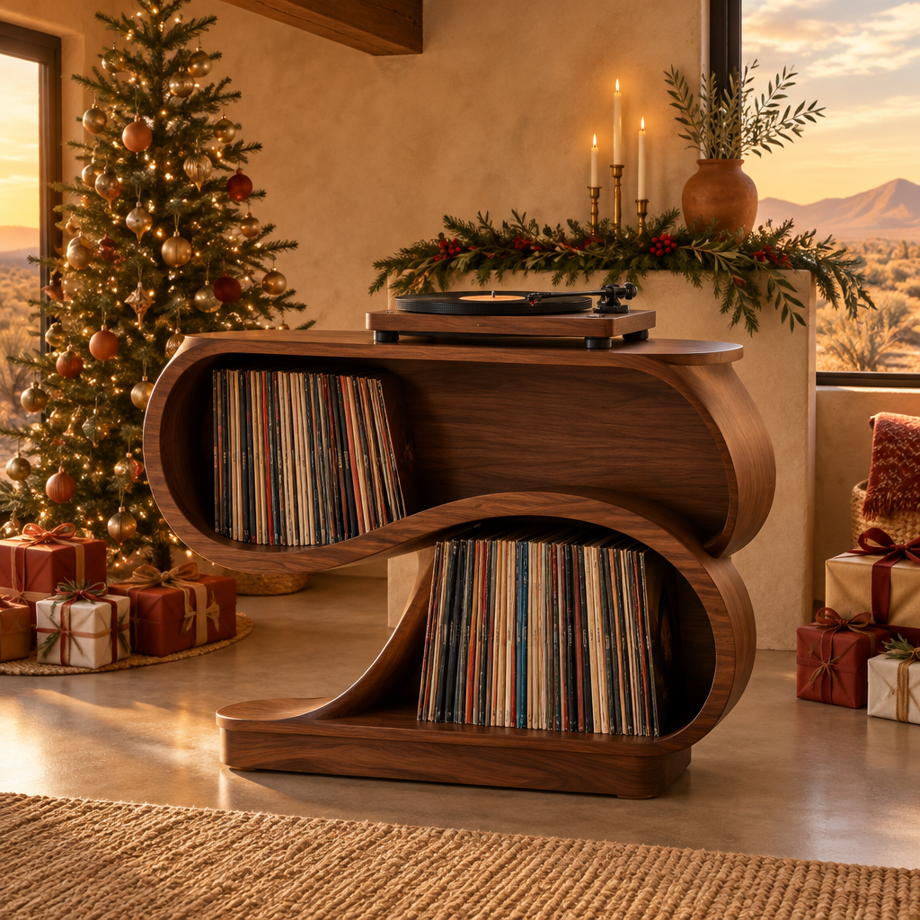 Mojave Wave Record Stand in a Christmas living room
