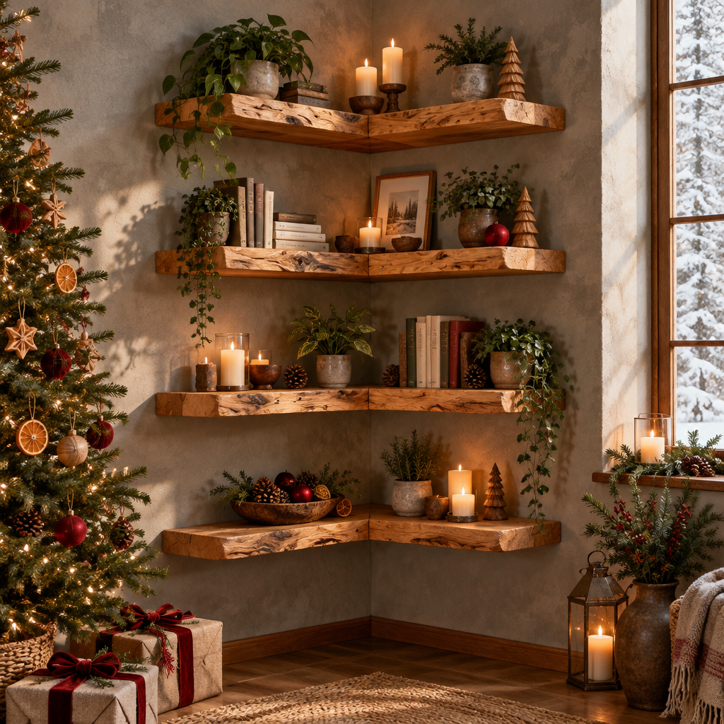 Tidewood Live-Edge Corner Shelf Set in a Christmas living room