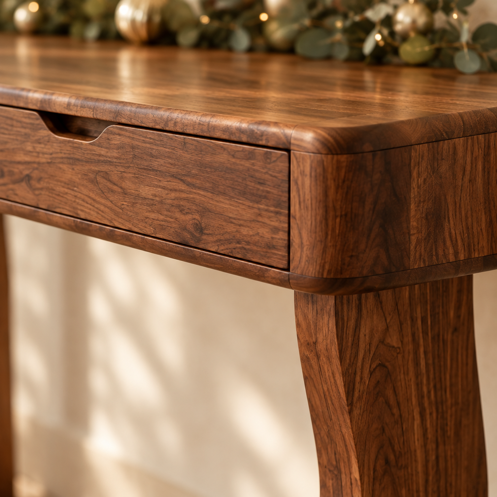 Sora Curved Console Table wood grain and joinery close-up