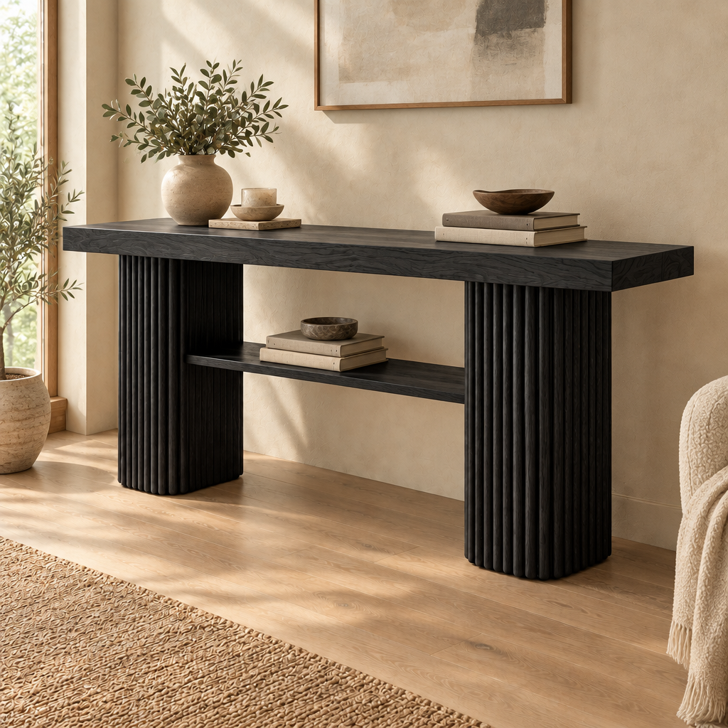 Halden Fluted Console Table in Ebonized Black finish