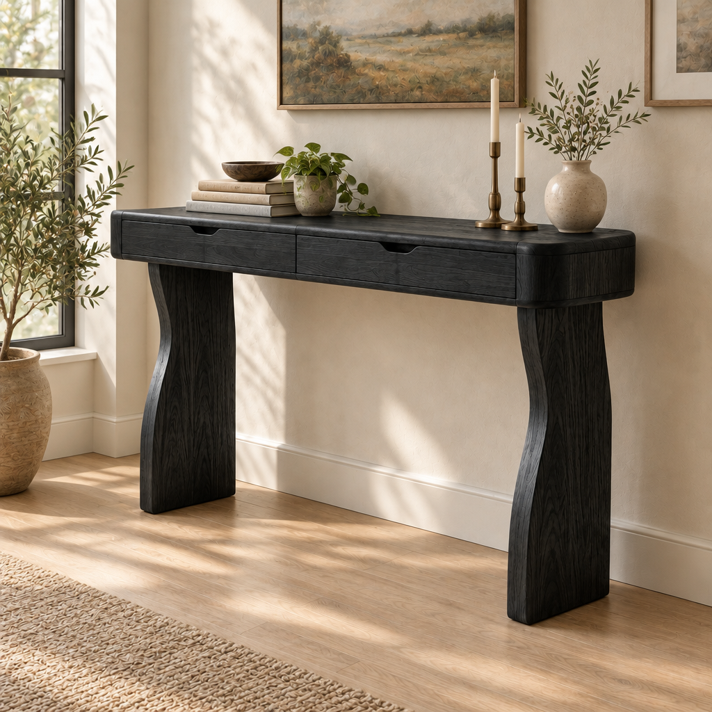 Sora Curved Console Table in Ebonized Black finish