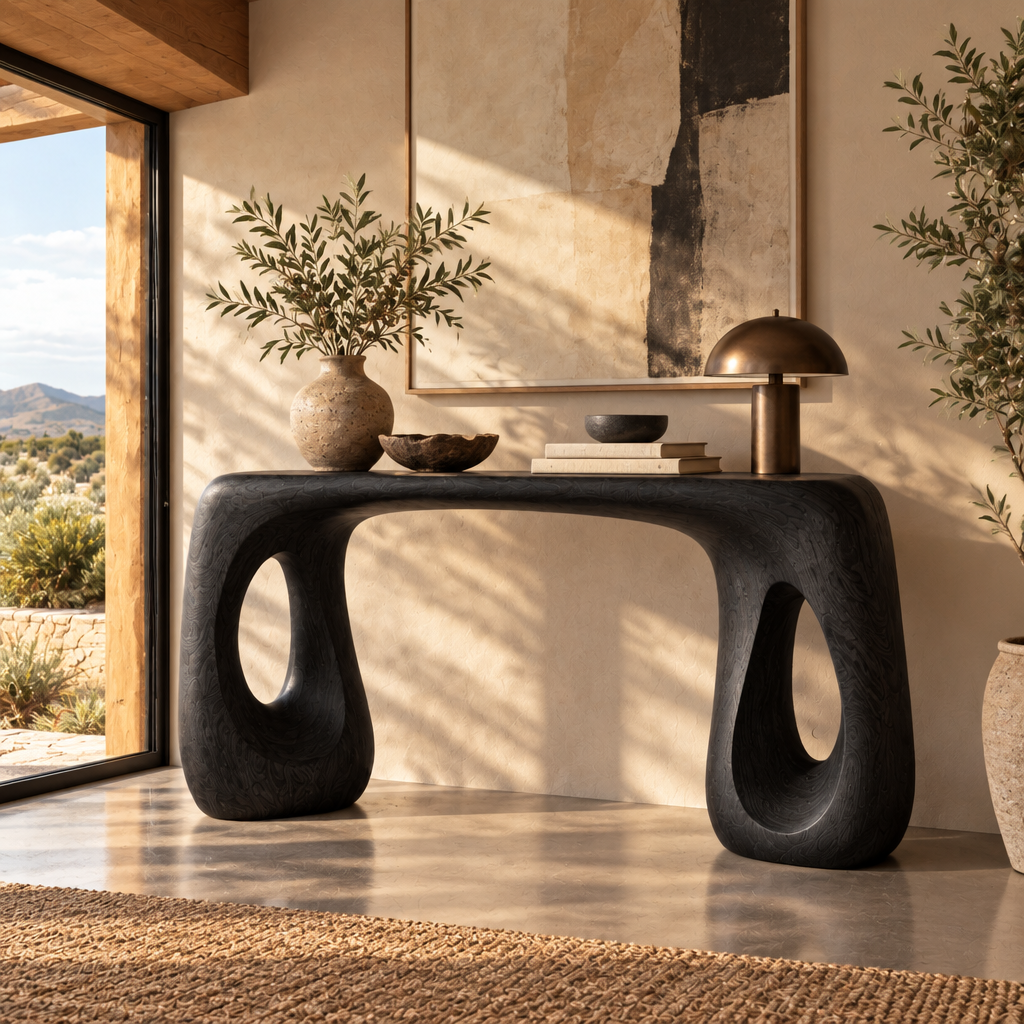 Mojave Sculpted Console Table in Ebonized Black finish