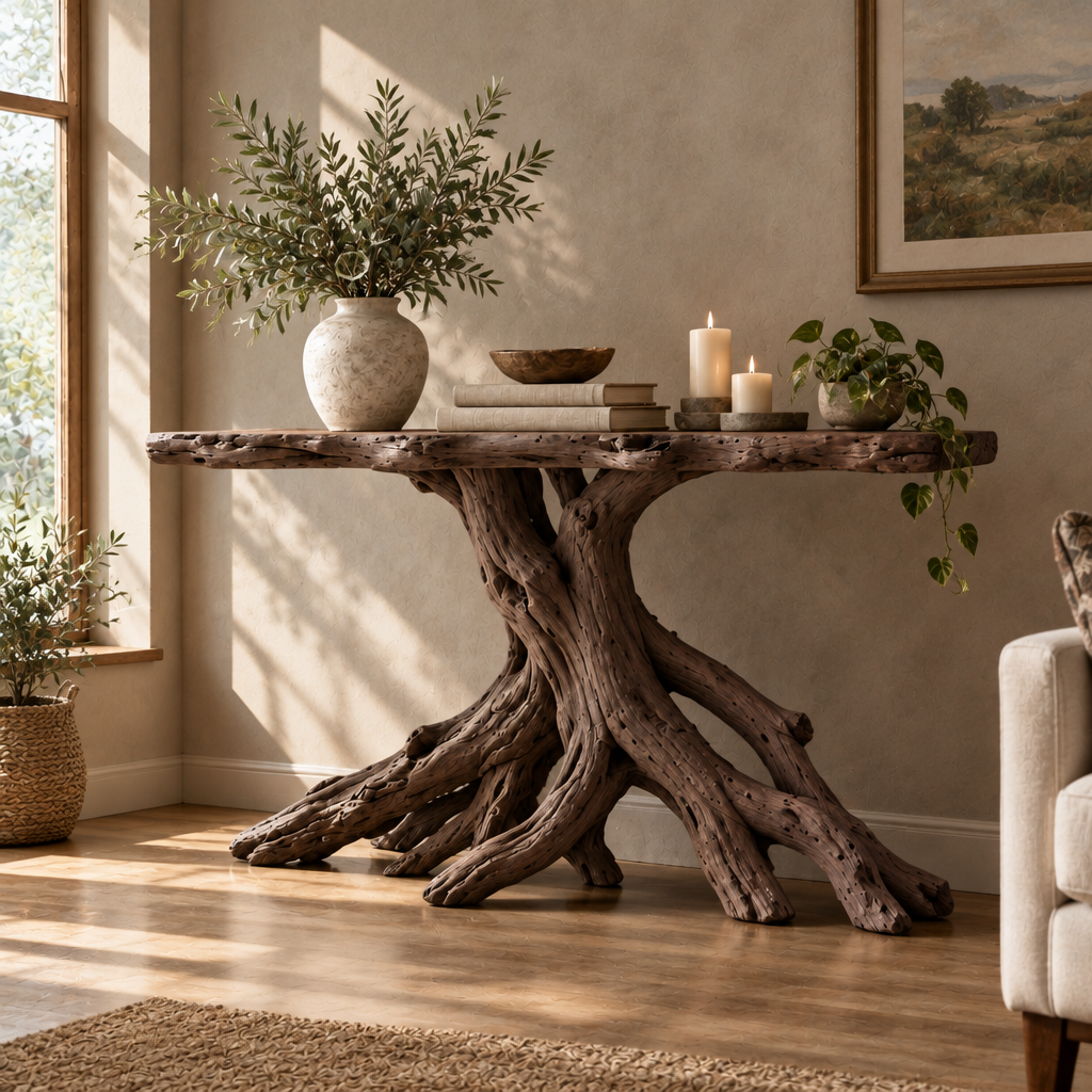 Tidewood Root Console Table in Smoked Dark finish
