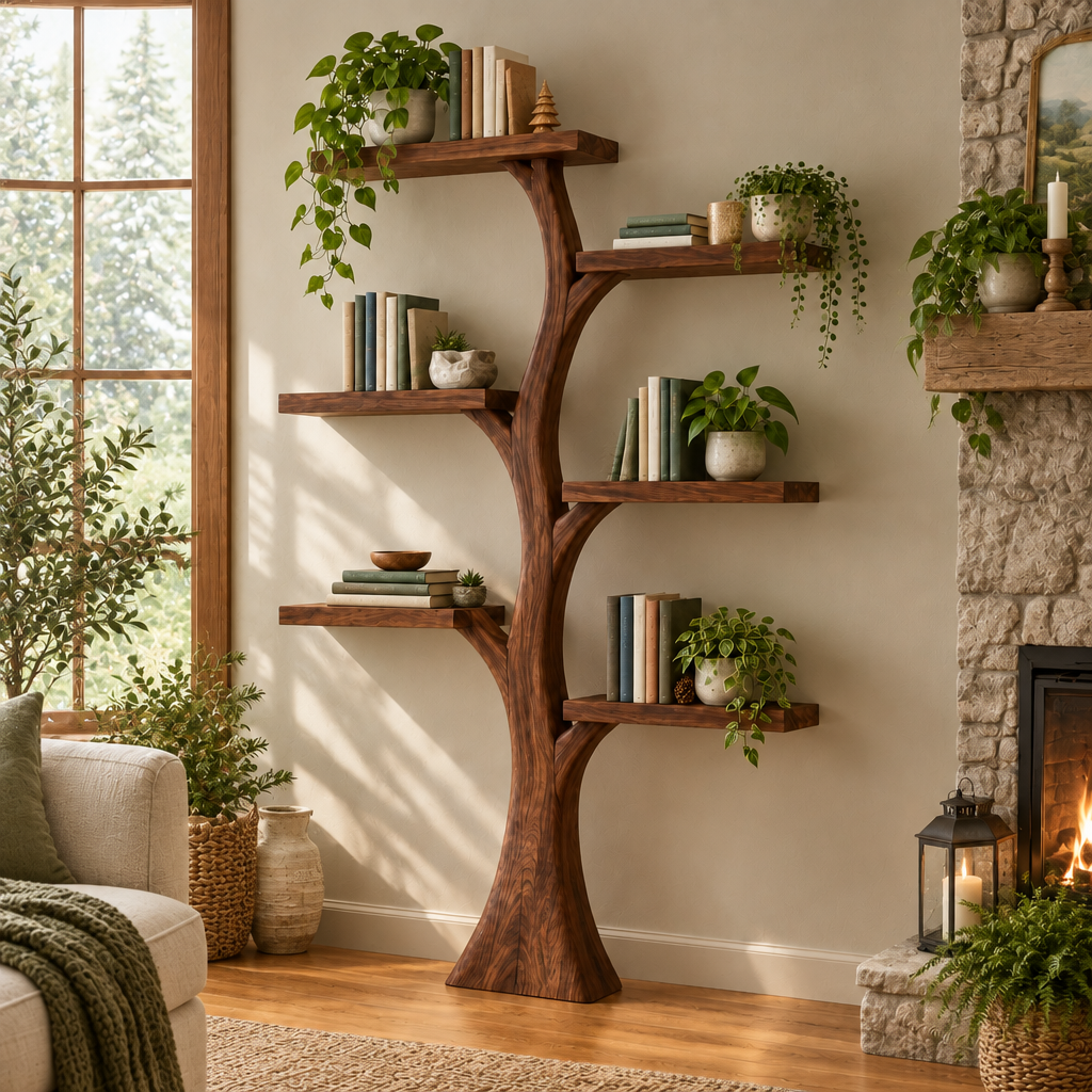 Rowan Tree Bookshelf with Light in a living room