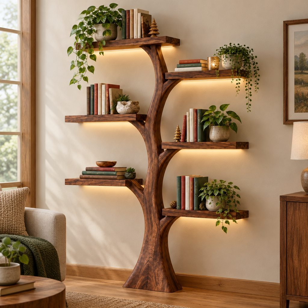 Rowan Tree Bookshelf with Light in use