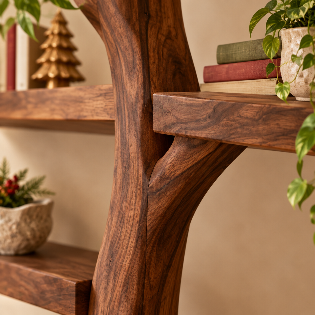 Rowan Tree Bookshelf with Light wood grain and joinery close-up