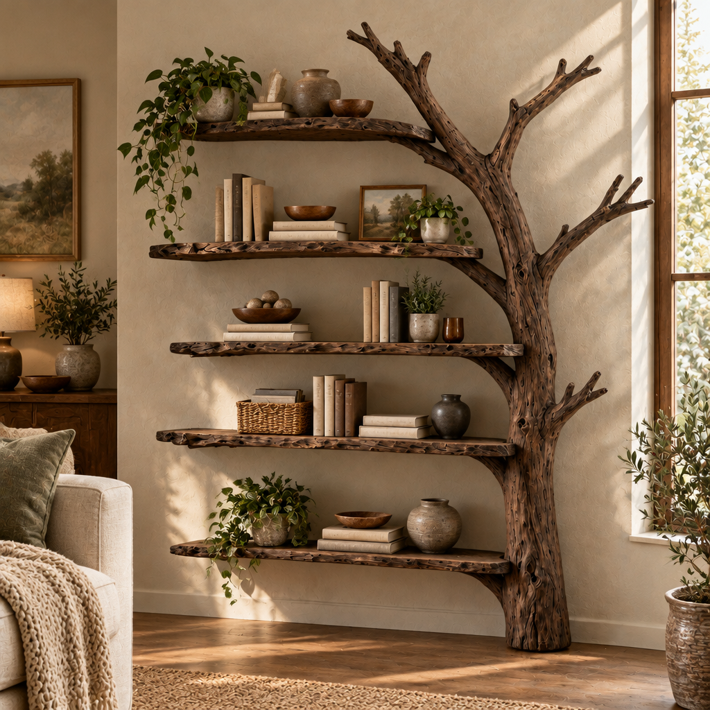 Tidewood Wall Tree Shelf in Smoked Dark finish