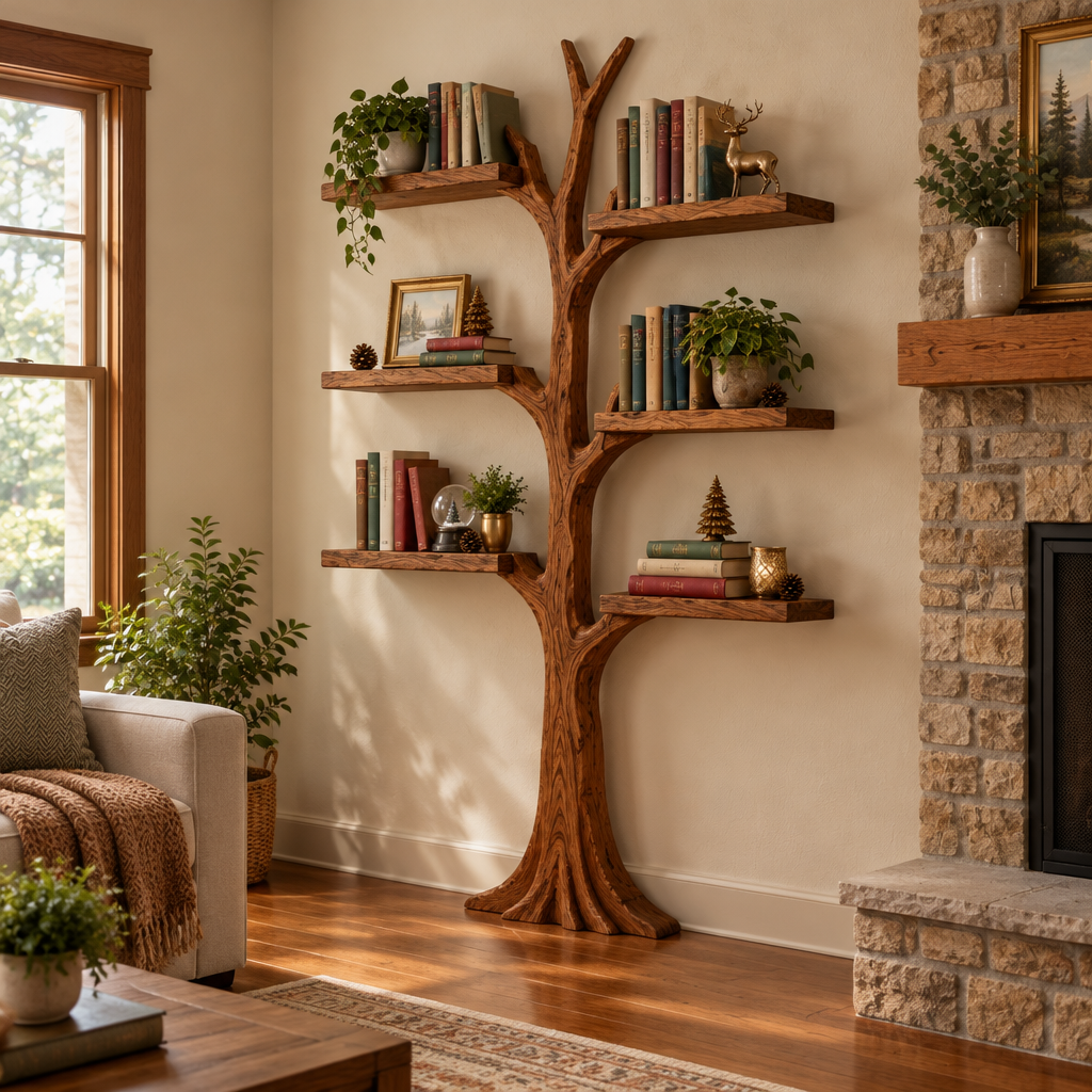 Rowan Wall Tree Bookshelf with Light side view