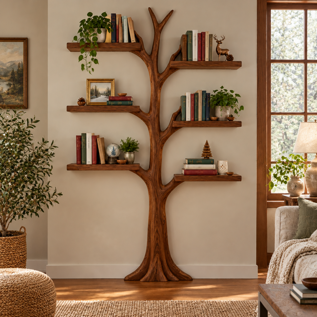 Rowan Wall Tree Bookshelf with Light in a living room