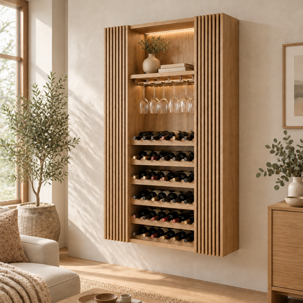 Halden Slatted Wine Cabinet with Light in Natural Oak finish