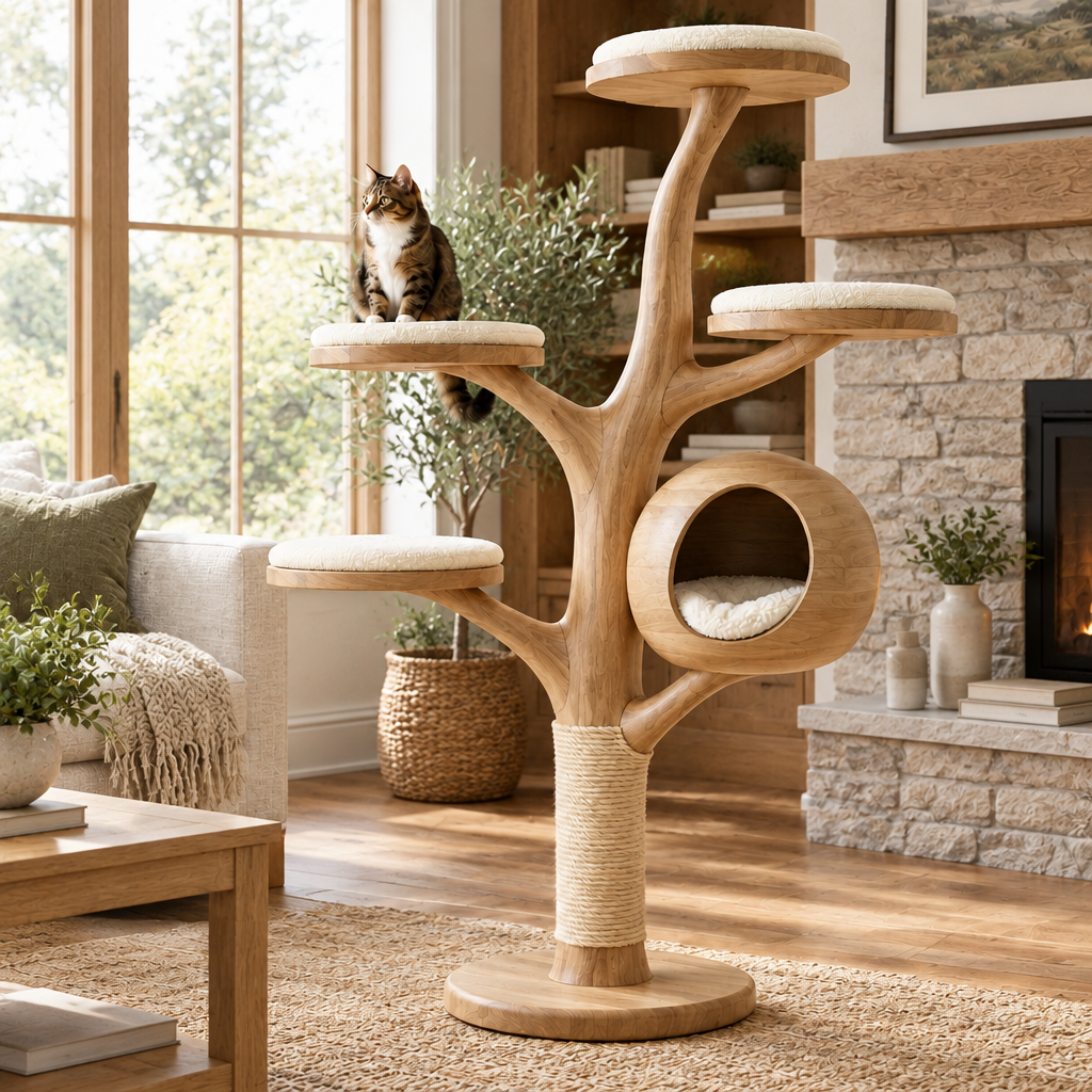 Rowan Tree Cat Tower in Natural Oak finish
