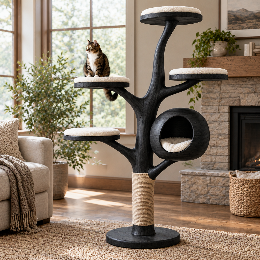 Rowan Tree Cat Tower in Ebonized Black finish
