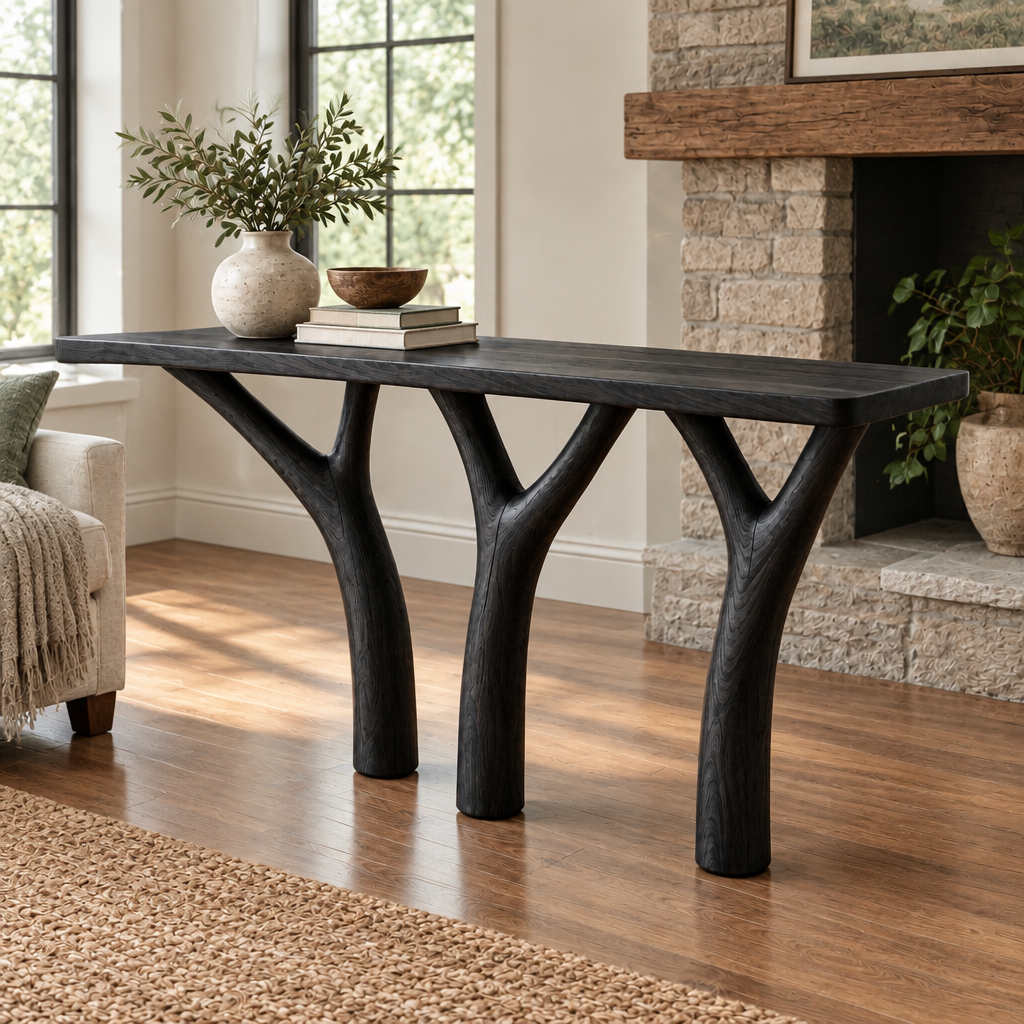 Rowan Branch Console Table in Ebonized Black finish