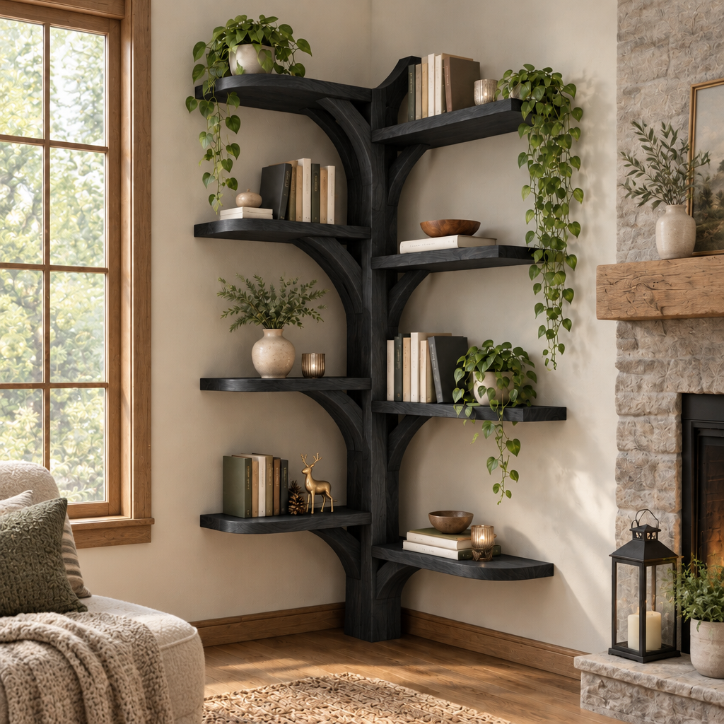 Rowan Corner Tree Bookshelf in Ebonized Black finish