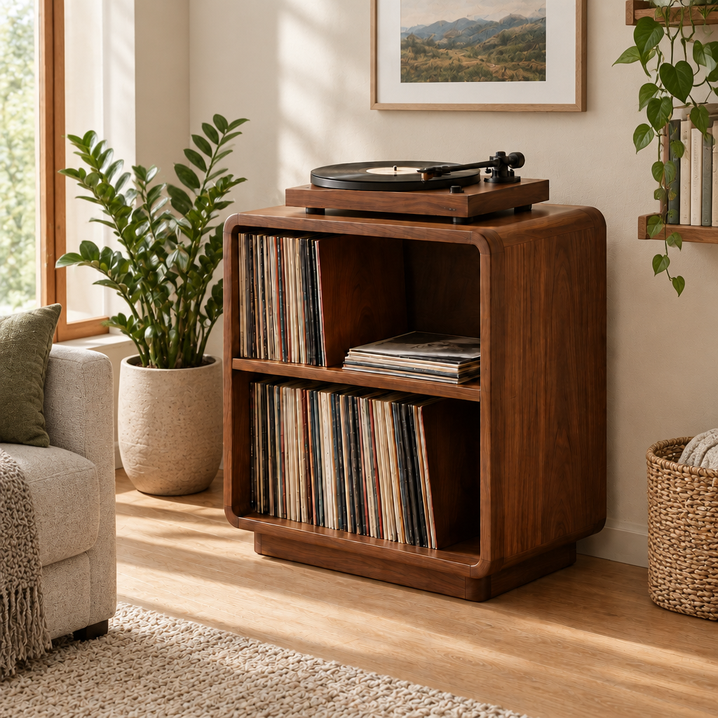 Sora Rounded Record Stand in a living room