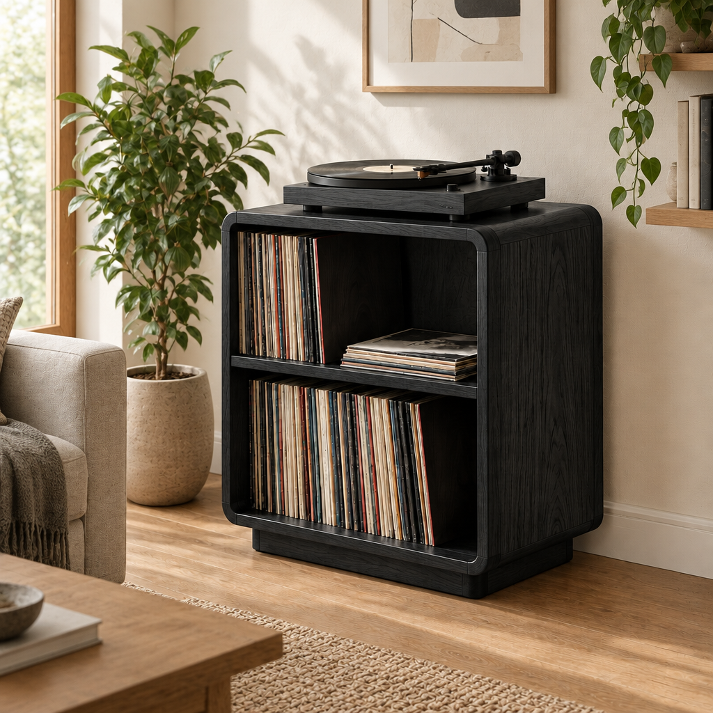 Sora Rounded Record Stand in Ebonized Black finish