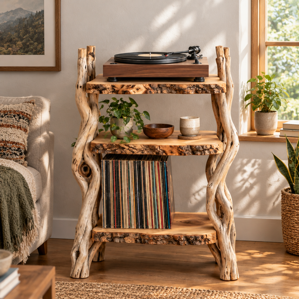 Tidewood Driftwood Record Stand in use