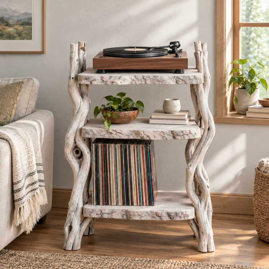 Tidewood Driftwood Record Stand in Whitewashed finish