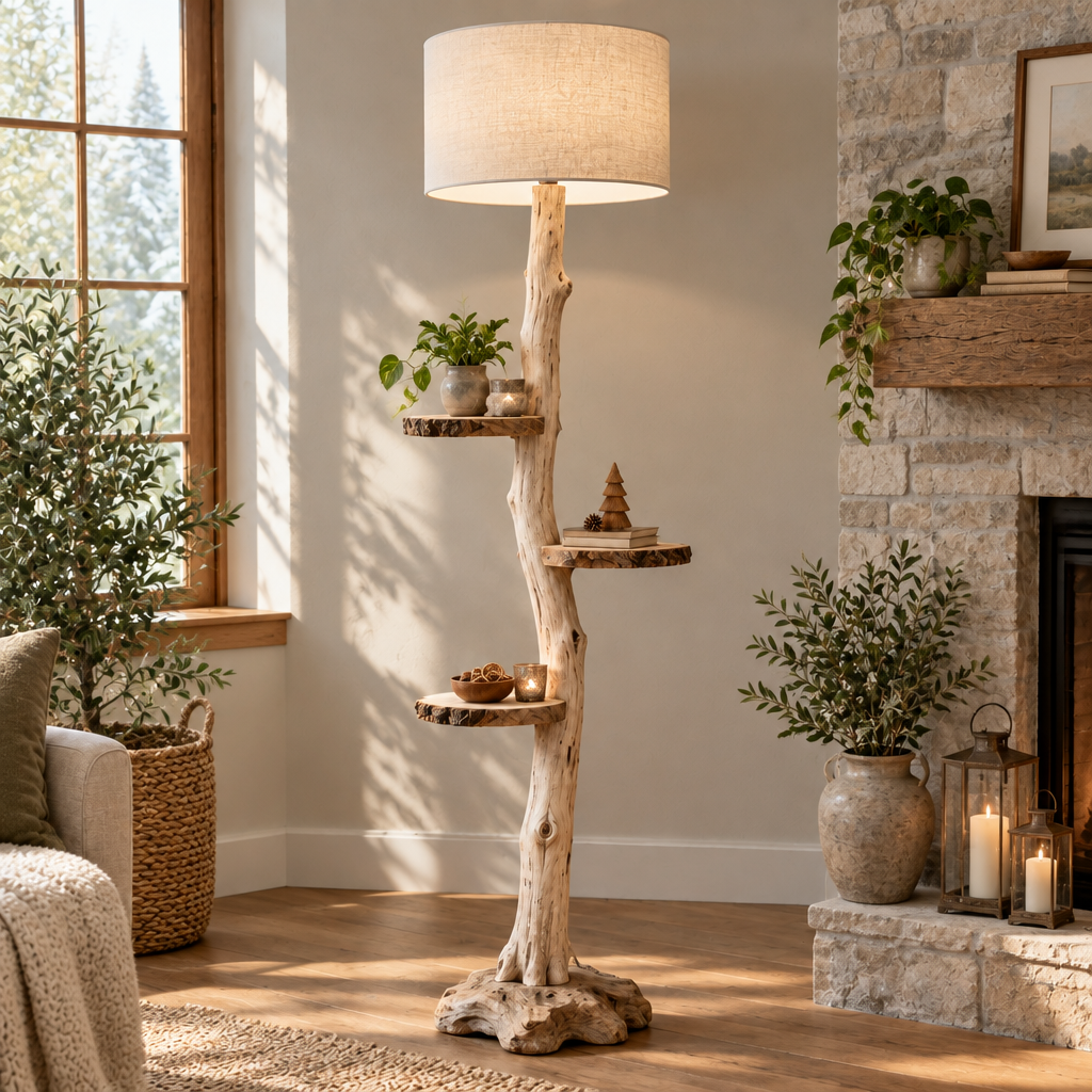 Tidewood Branch Floor Lamp with Shelves in a living room