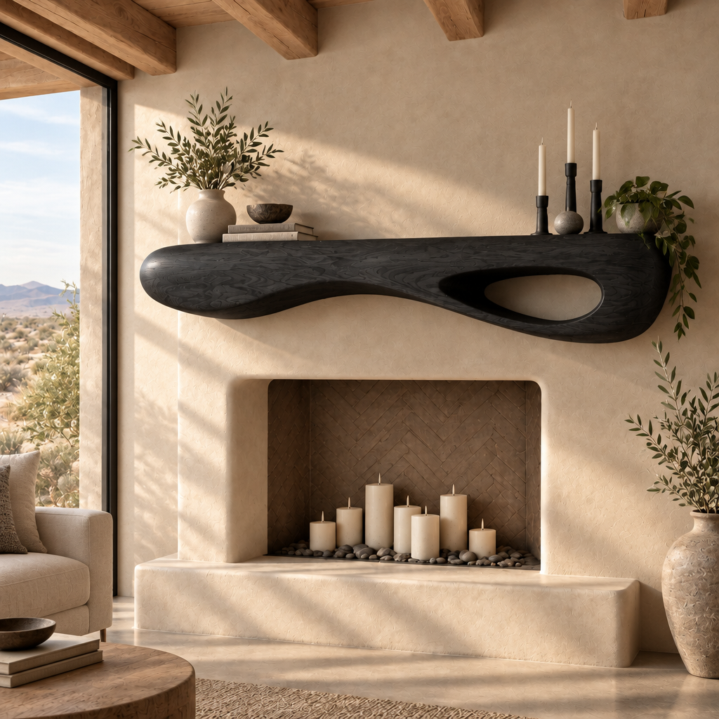 Mojave Sculpted Floating Shelf Mantel in Ebonized Black finish
