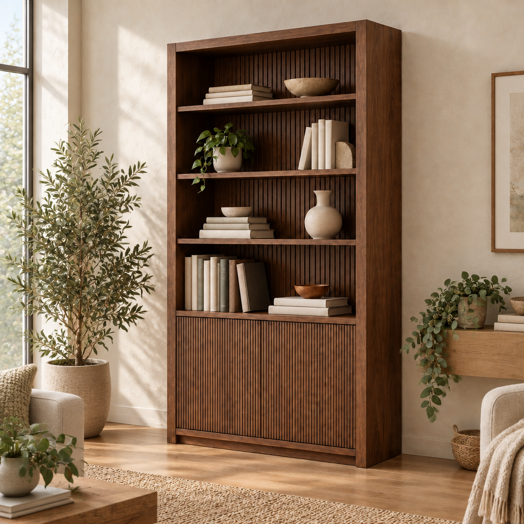 Halden Slatted Wall Bookcase in a living room