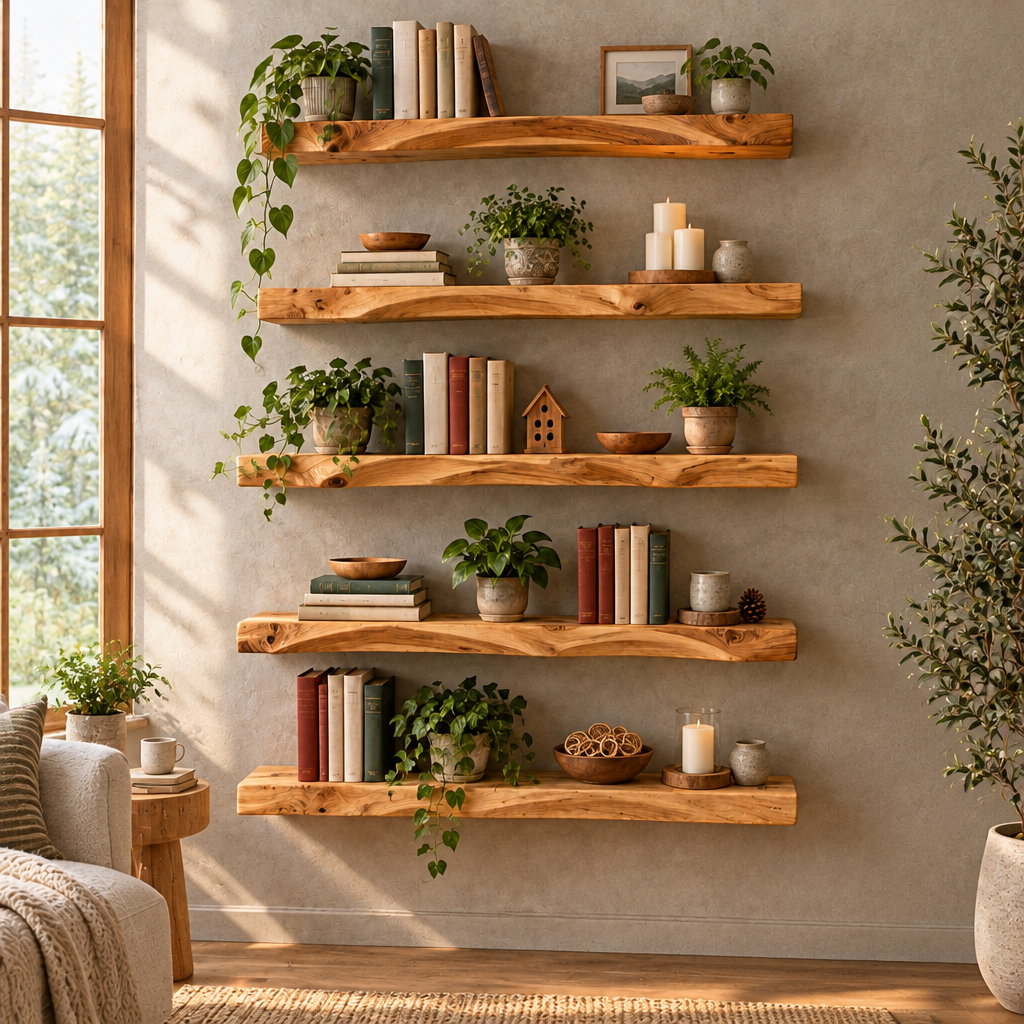 Tidewood Live-Edge Floating Shelf Wall Set in a living room