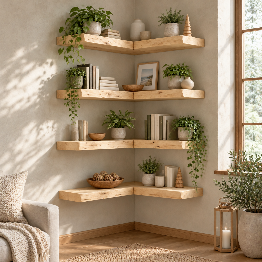 Tidewood Live-Edge Corner Shelf Set in Light Natural finish