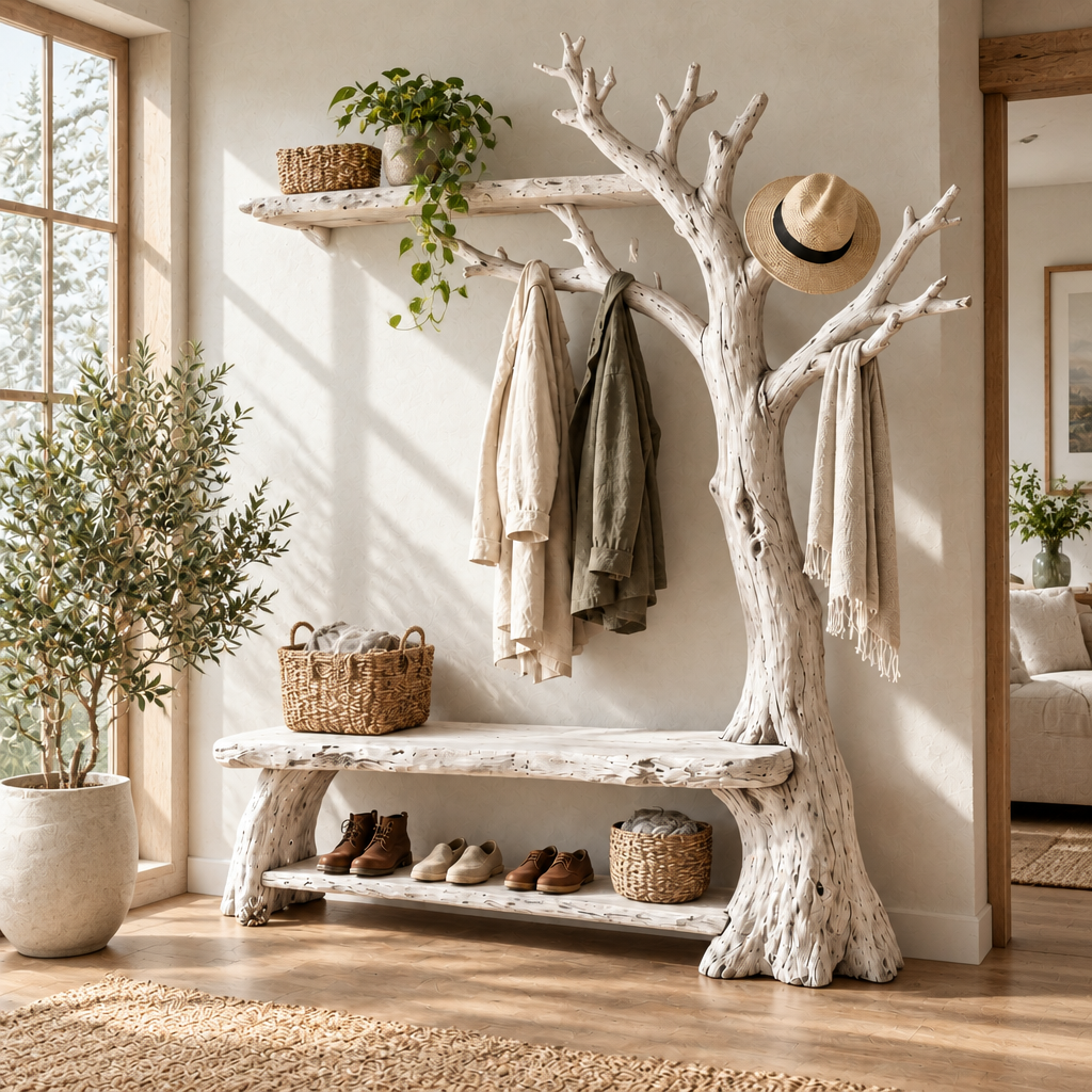 Tidewood Hall Tree with Bench in Whitewashed finish