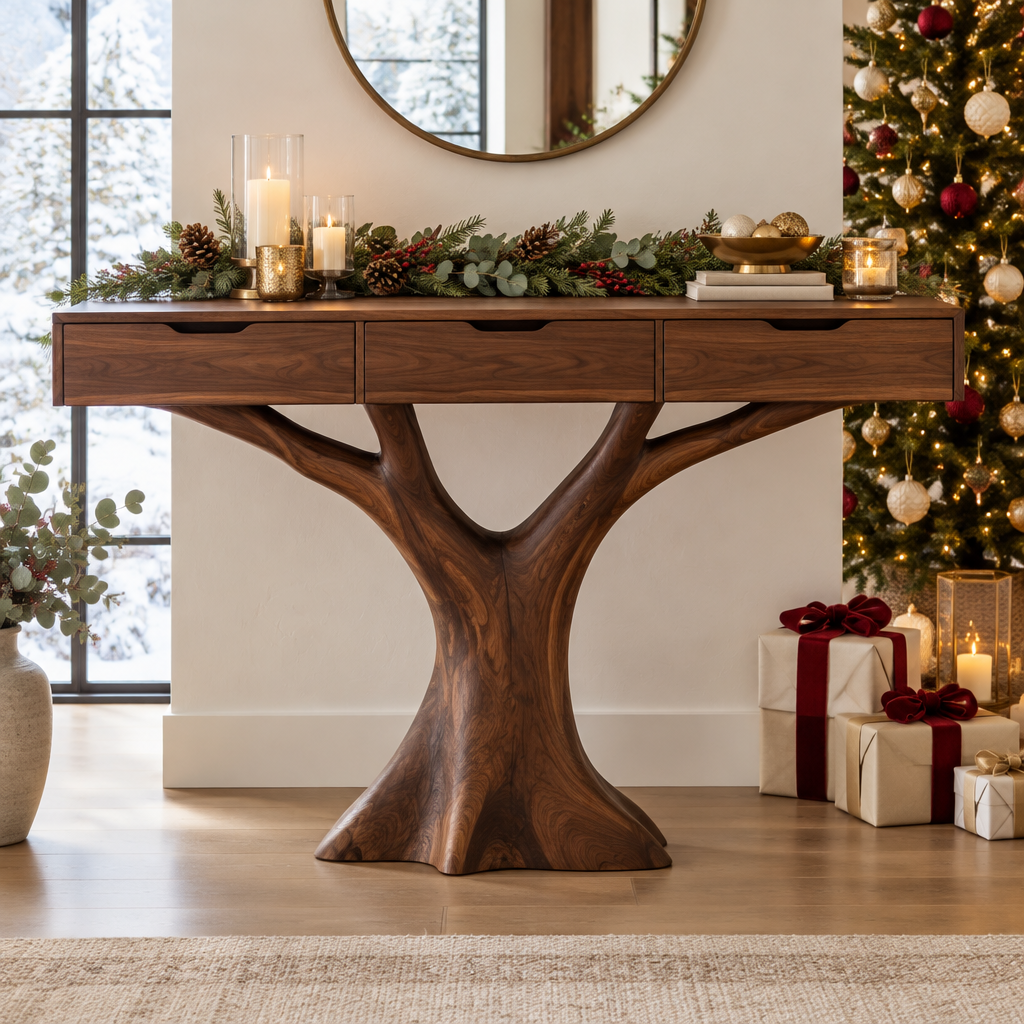 Atelier Tree-Base Drawer Console in a Christmas home