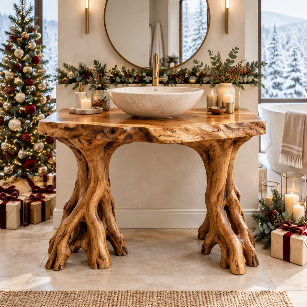 Riverbend Live-Edge Root-Leg Vanity in a Christmas home