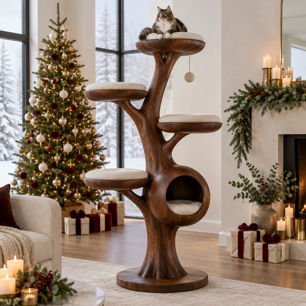 Atelier Sculpted Cat Tree Tower in a Christmas home