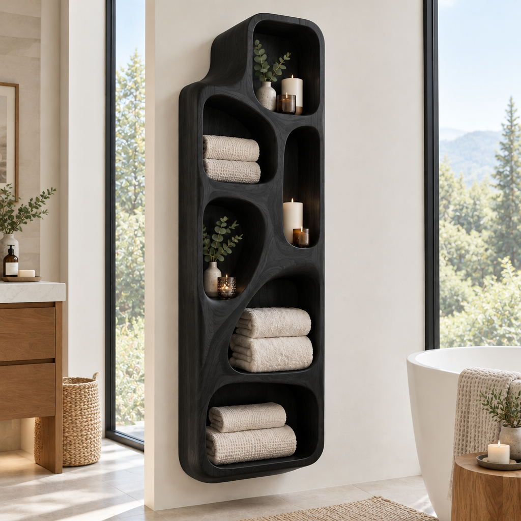 Atelier Sculpted Spa Wall Shelf in Ebonized Black finish