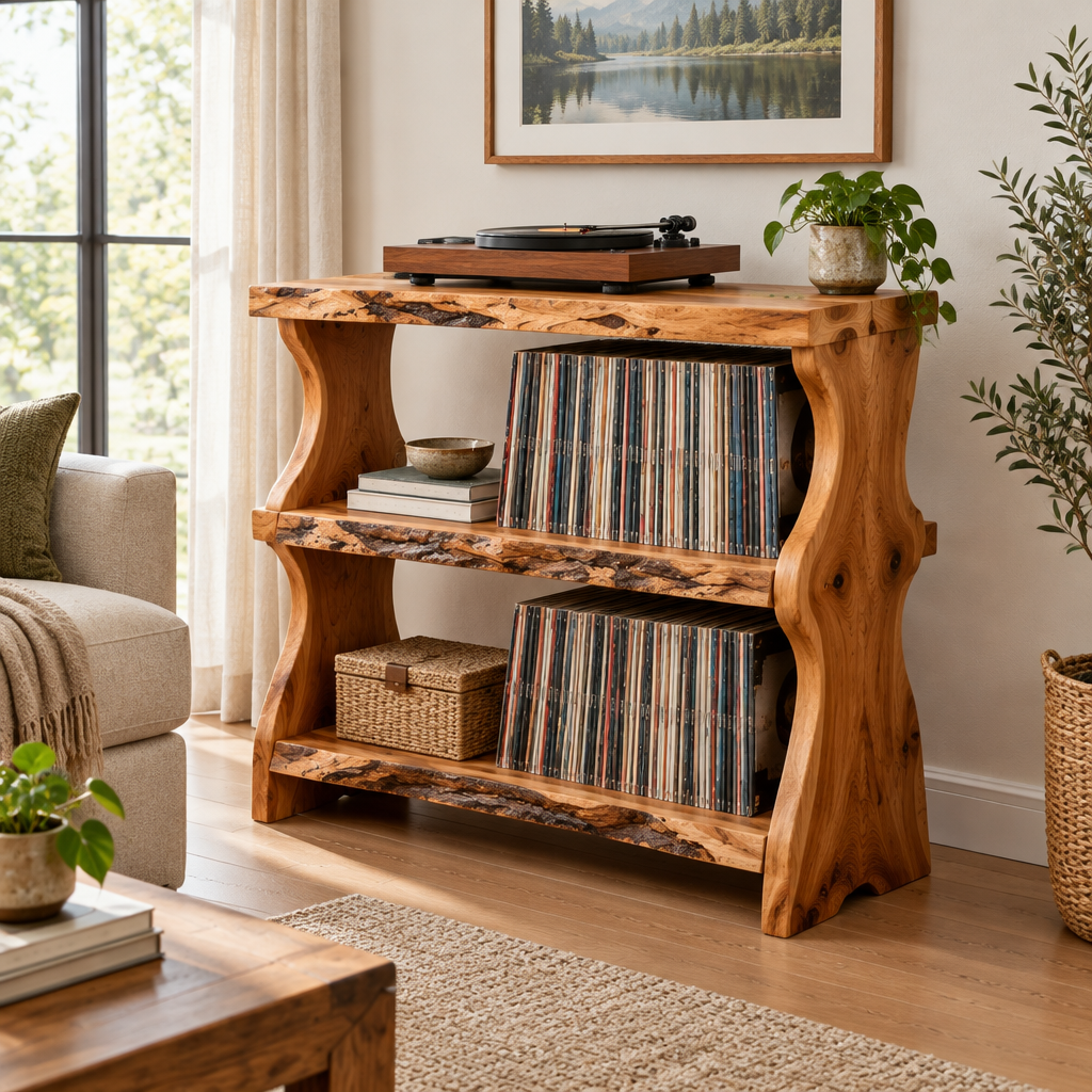 Riverbend Live-Edge Record Stand side view