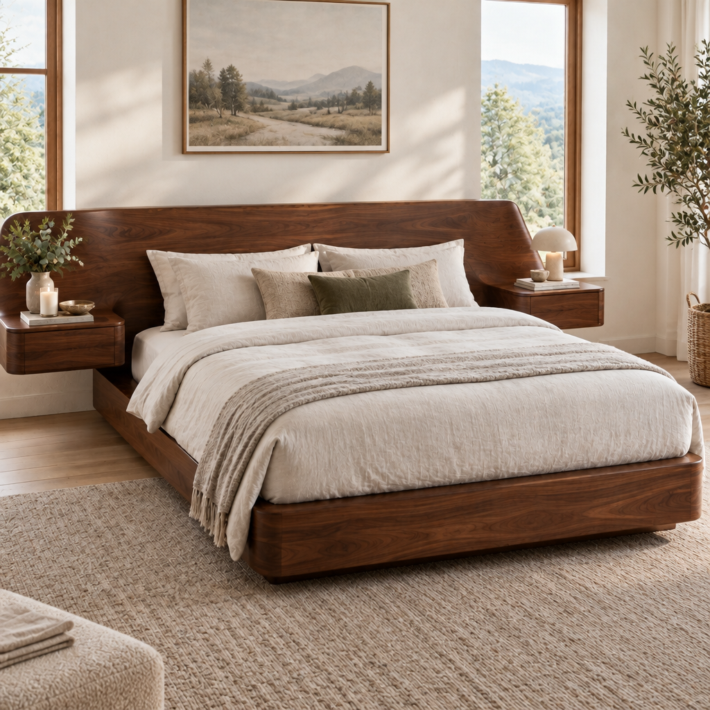 Atelier Sculpted Bed with Floating Nightstands in use