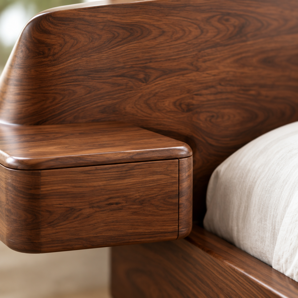 Atelier Sculpted Bed with Floating Nightstands wood grain close-up