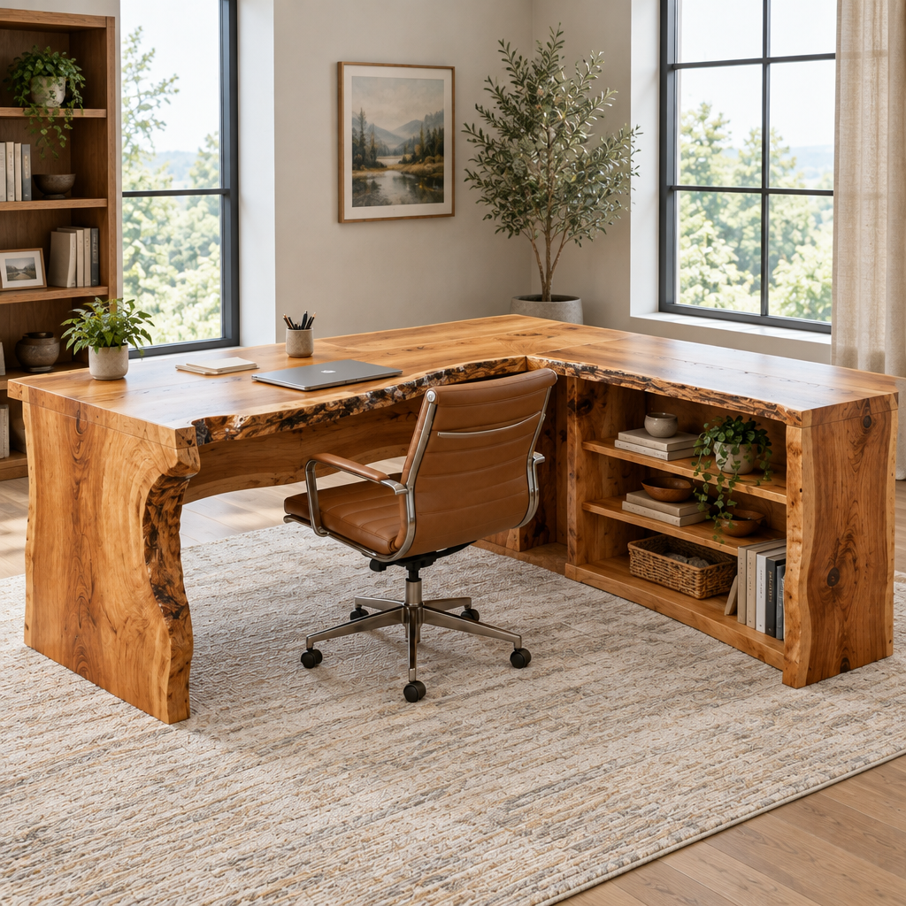 Riverbend Live-Edge L-Desk with Shelves side view