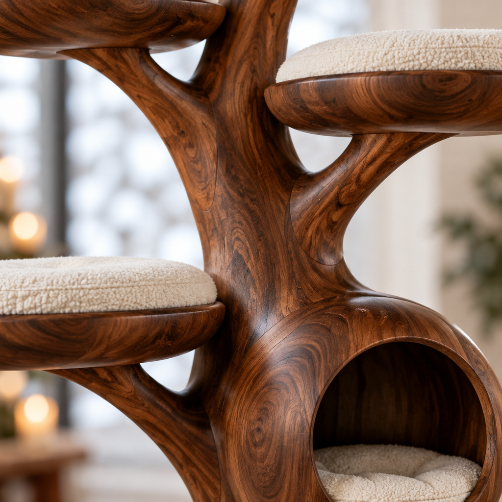 Atelier Sculpted Cat Tree Tower wood grain close-up