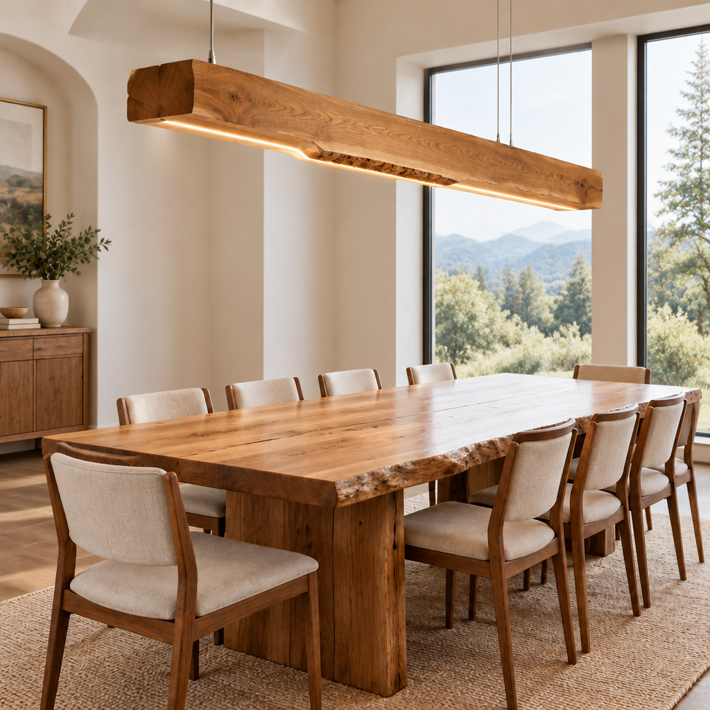 Riverbend Live-Edge Beam Pendant Light in a living space