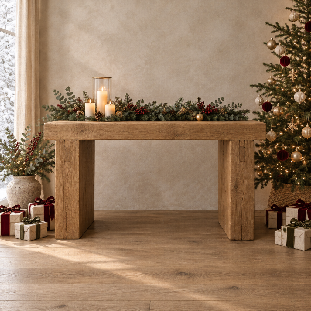 Basalt Monolith Console Table styled for the holidays