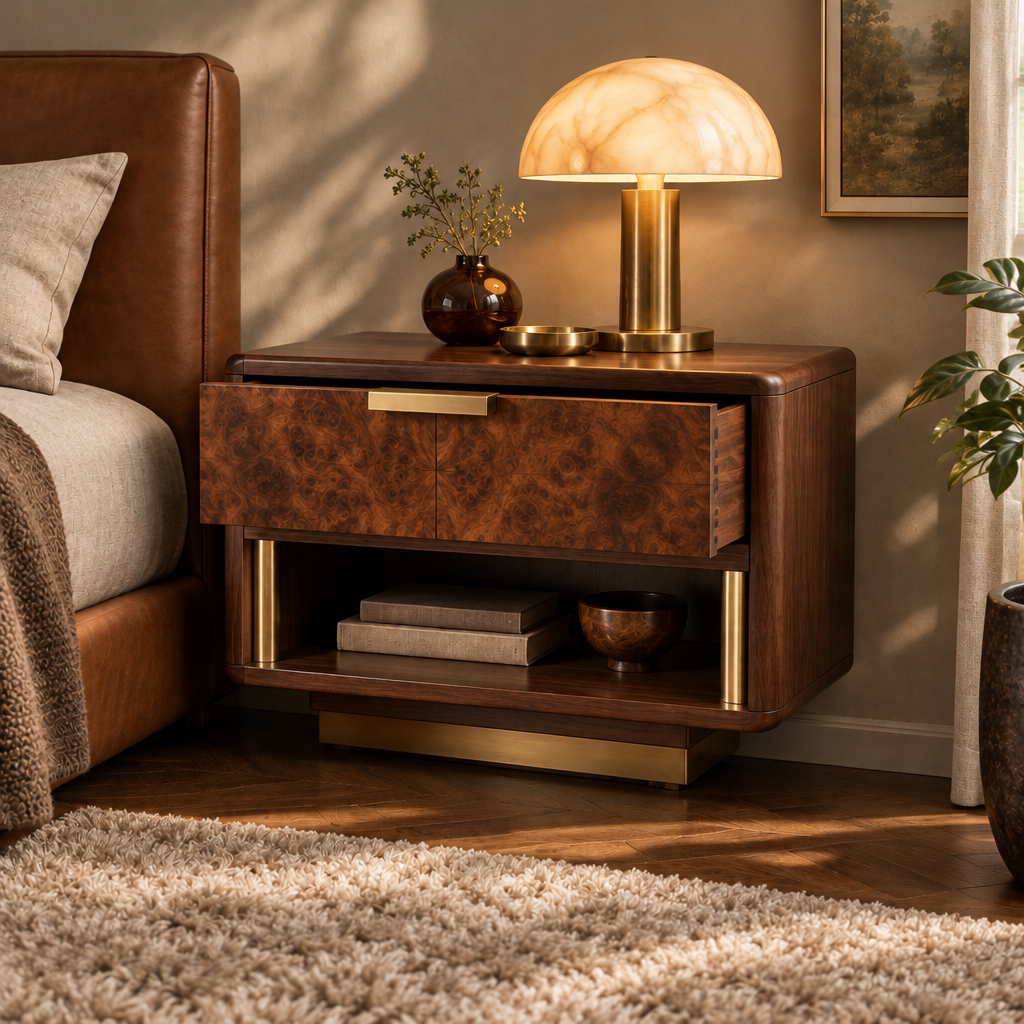 Sable Burl Nightstand in use