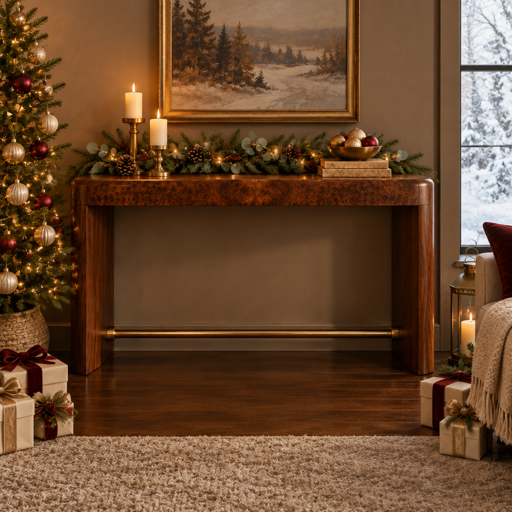 Sable Burl Console Table styled for the holidays