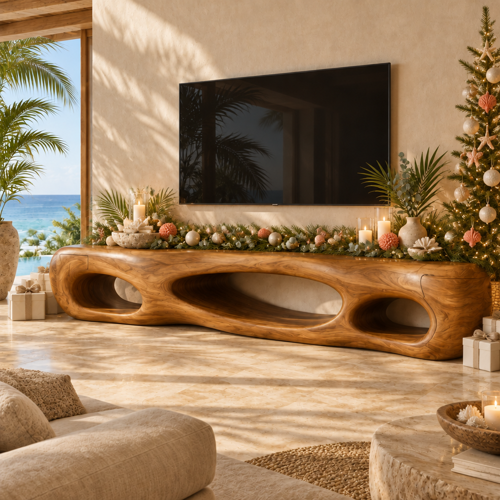 Solana Sea-Cave Media Console styled for the holidays