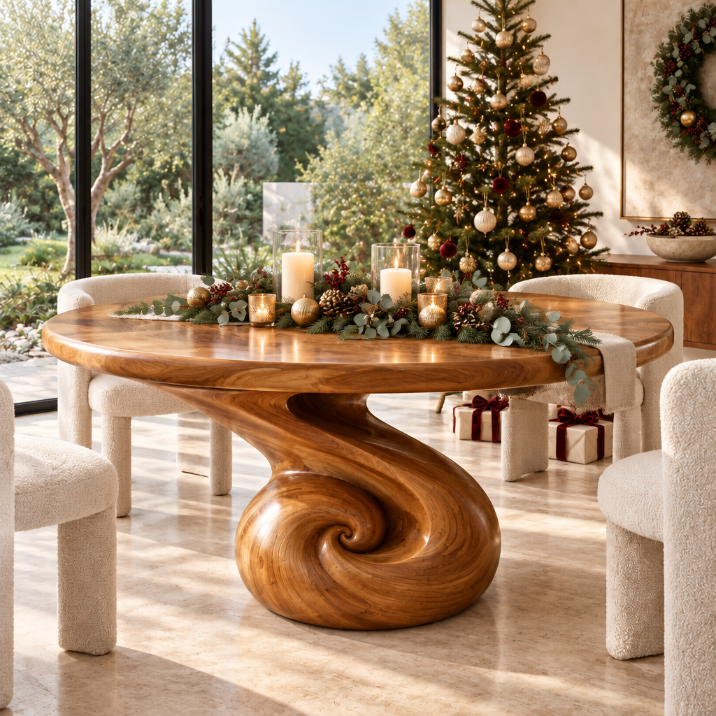 Haven Nautilus Round Dining Table styled for the holidays