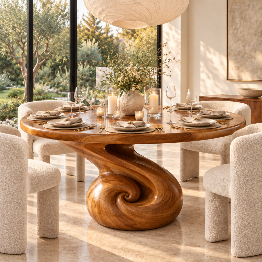 Haven Nautilus Round Dining Table set for dinner
